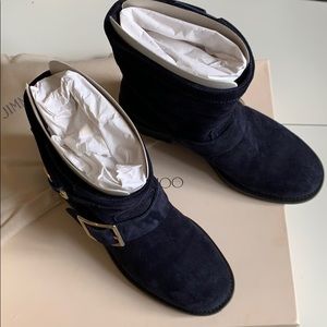 Jimmy Choo Youth Flat Suede Biker Bootie Navy